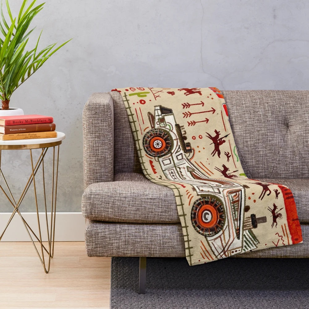 Vintage Delorean Time Travel Plush Blanket with Western Desert Motifs