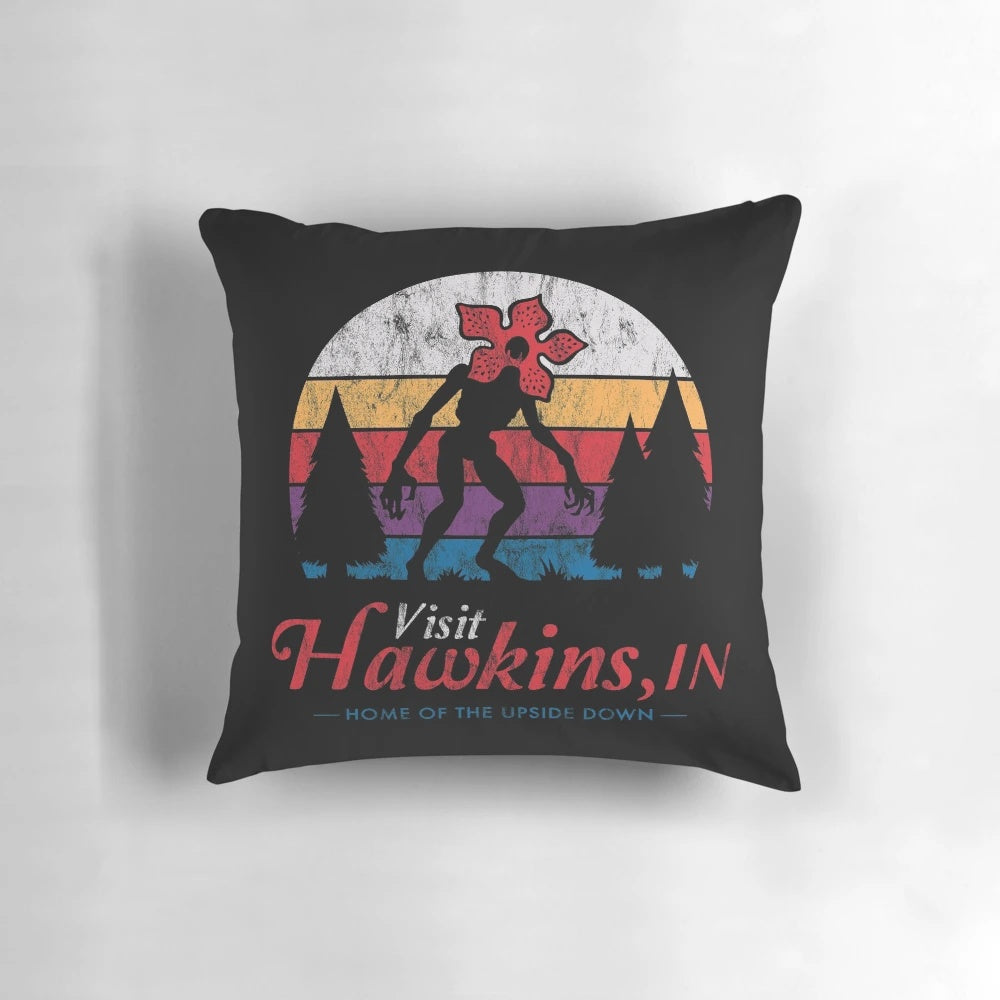 Vintage-style distressed Demogorgon design pillow featuring the iconic monster from the popular Netflix series Stranger Things.