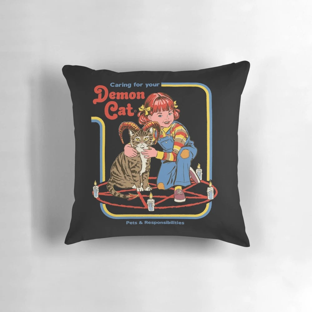Vintage-style demon cat pillow with a retro, spooky design for cat lovers and horror fans.
