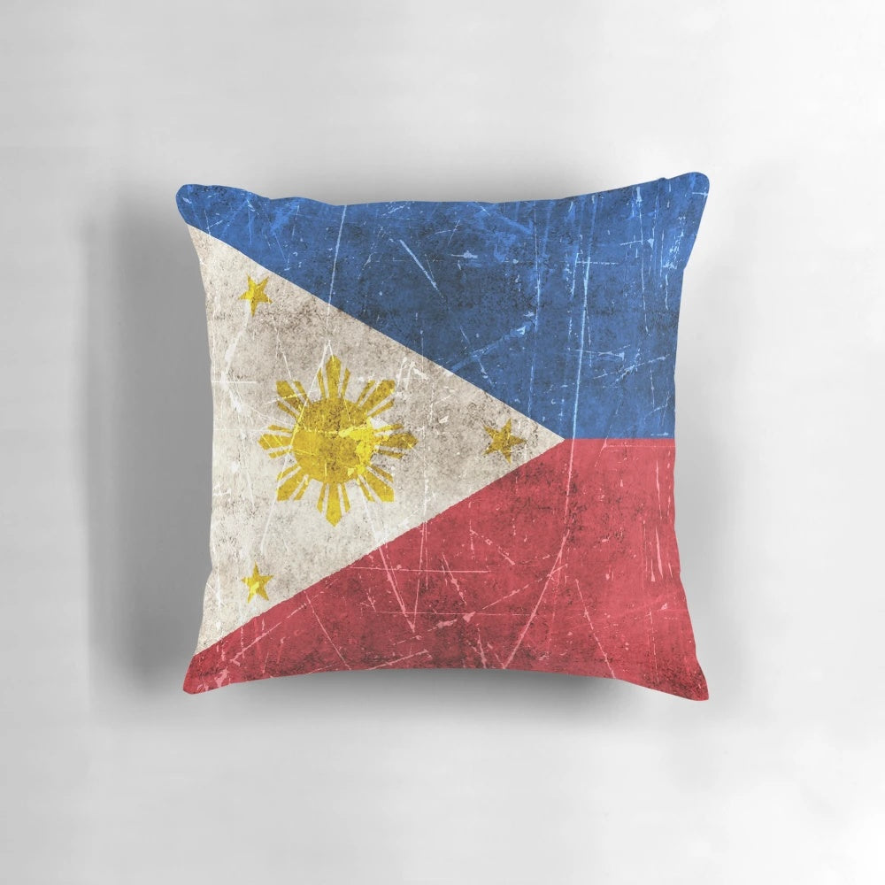 Vintage and aged Filipino flag printed on a soft, comfortable throw pillow.