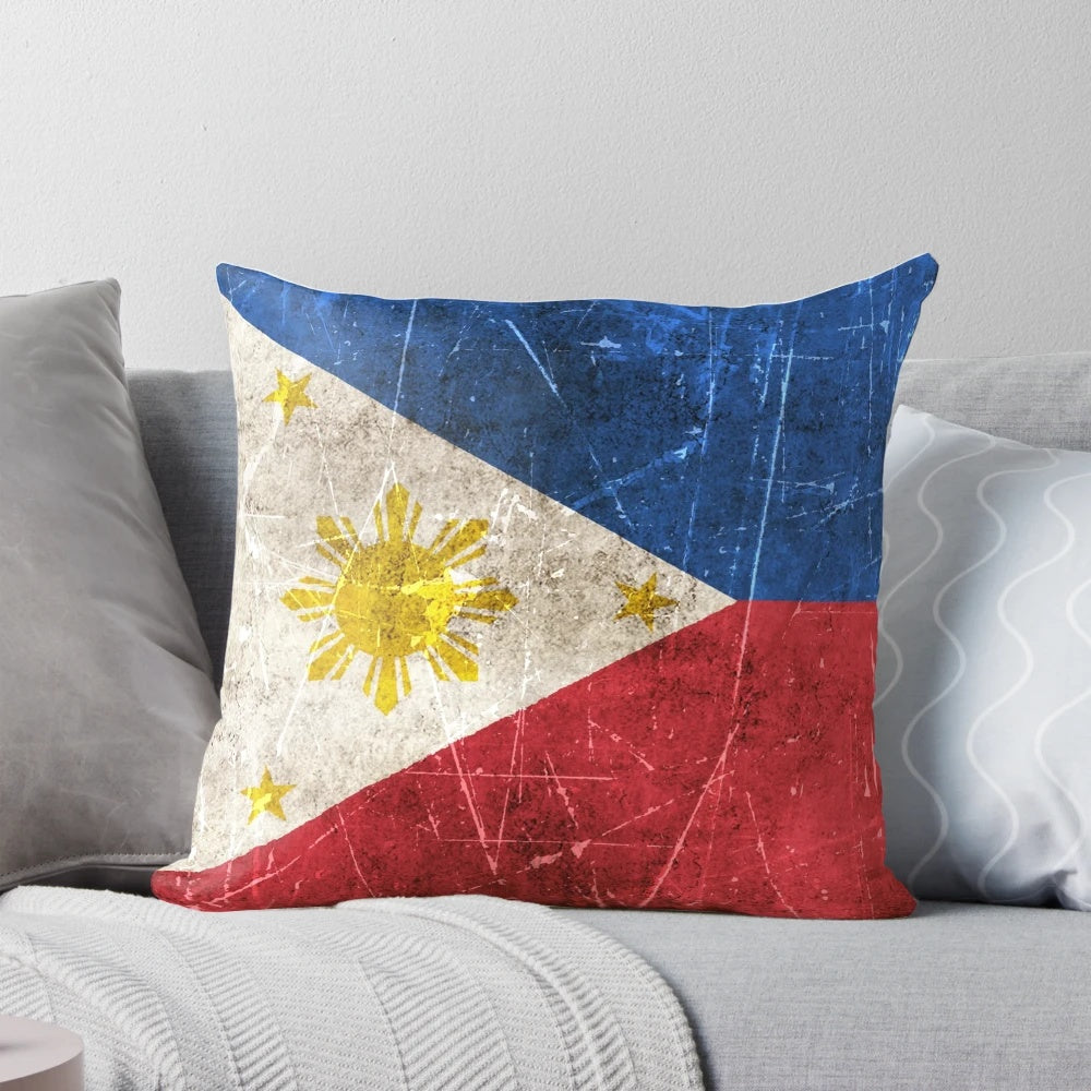 Vintage and aged Filipino flag printed on a soft, comfortable throw pillow.