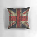 Vintage, distressed and grunge-inspired Union Jack flag design on a comfortable throw pillow