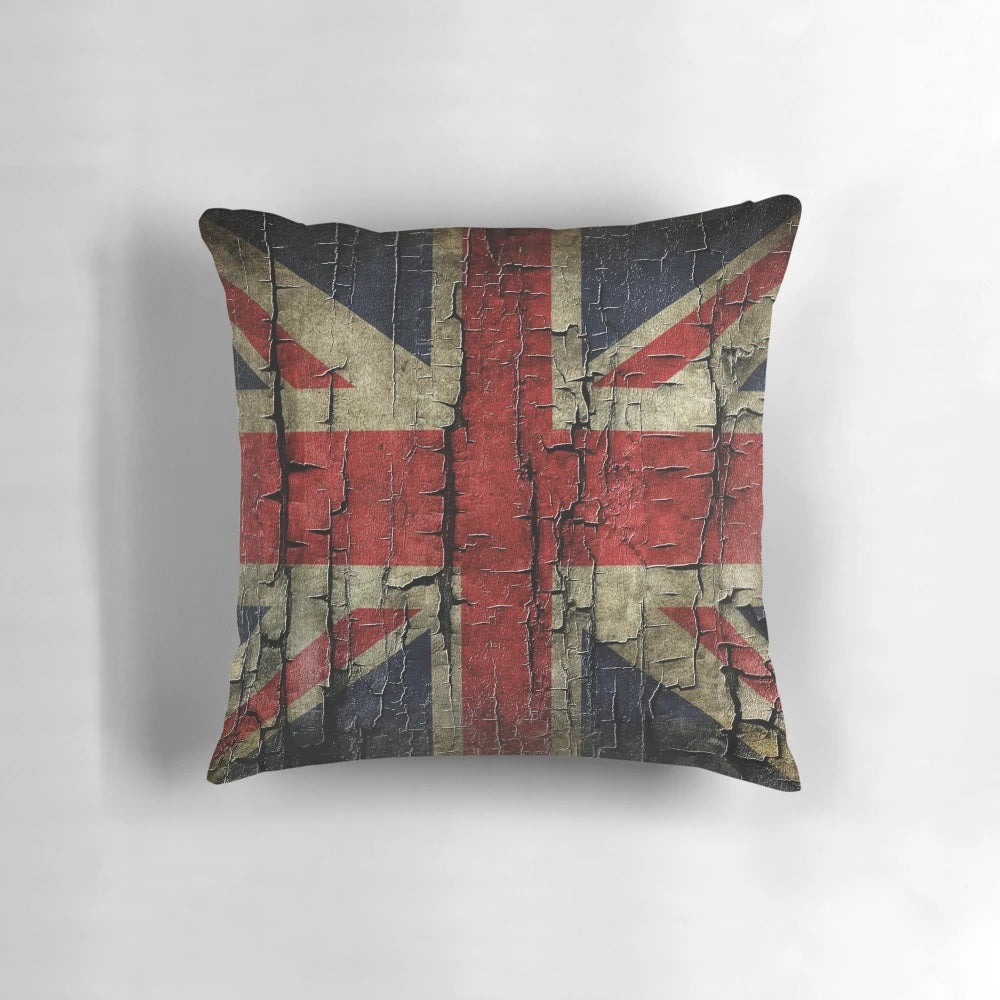 Vintage, distressed and grunge-inspired Union Jack flag design on a comfortable throw pillow