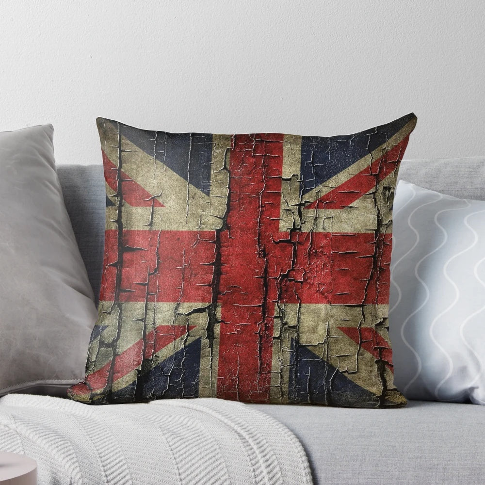 Vintage, distressed and grunge-inspired Union Jack flag design on a comfortable throw pillow