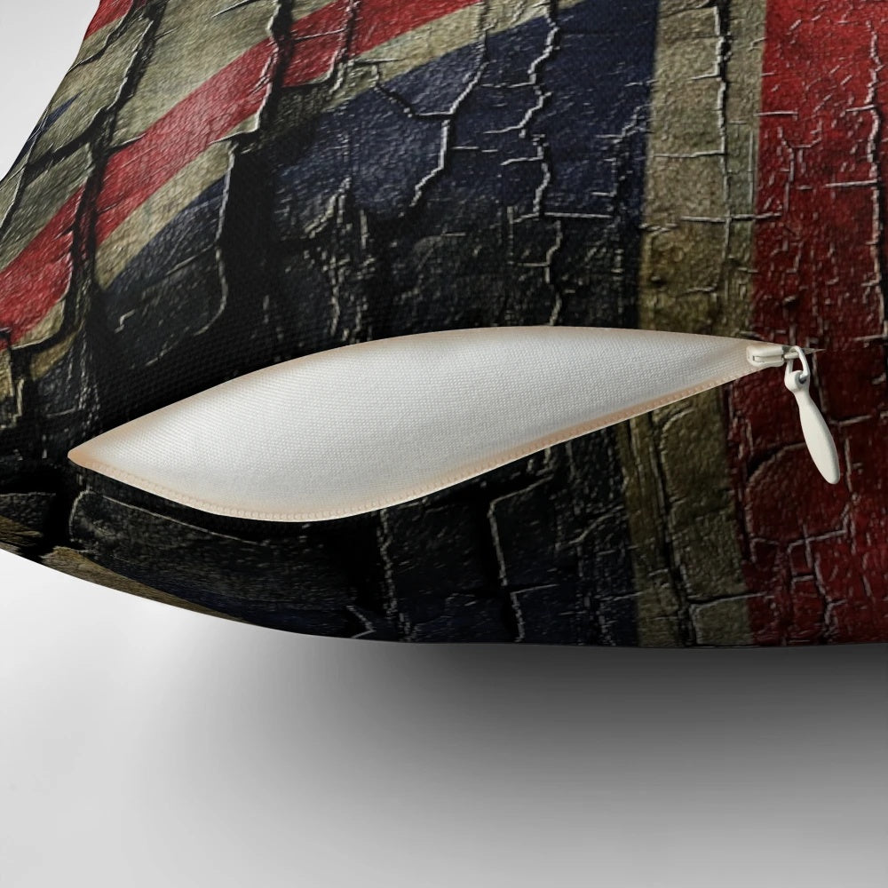 Vintage, distressed and grunge-inspired Union Jack flag design on a comfortable throw pillow