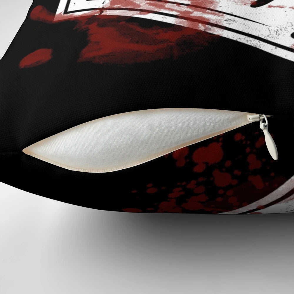 Vintage-inspired horror-themed decorative pillow with a cannibal diner logo design