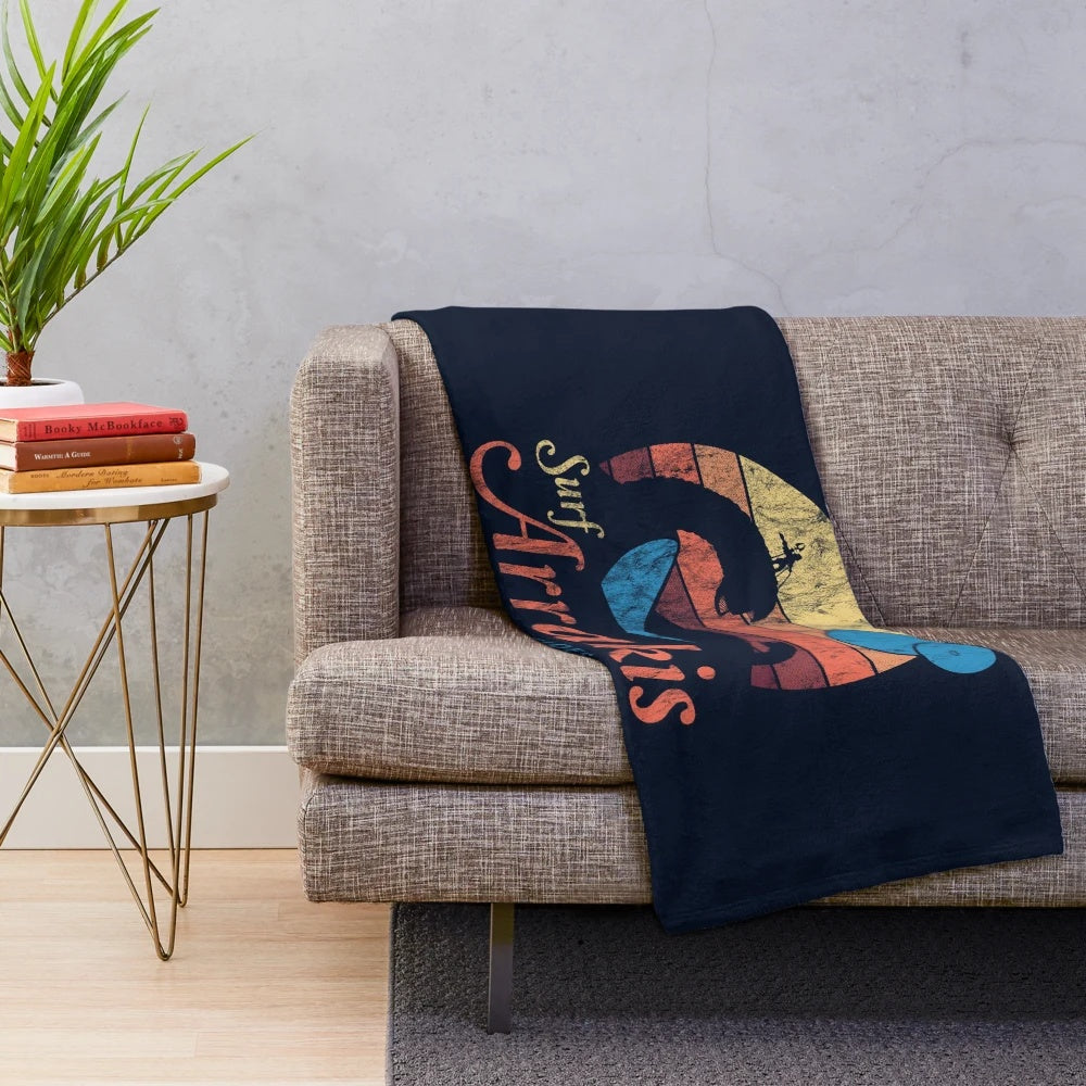 Vintage distressed plush blanket with sci-fi desert and sandworm design