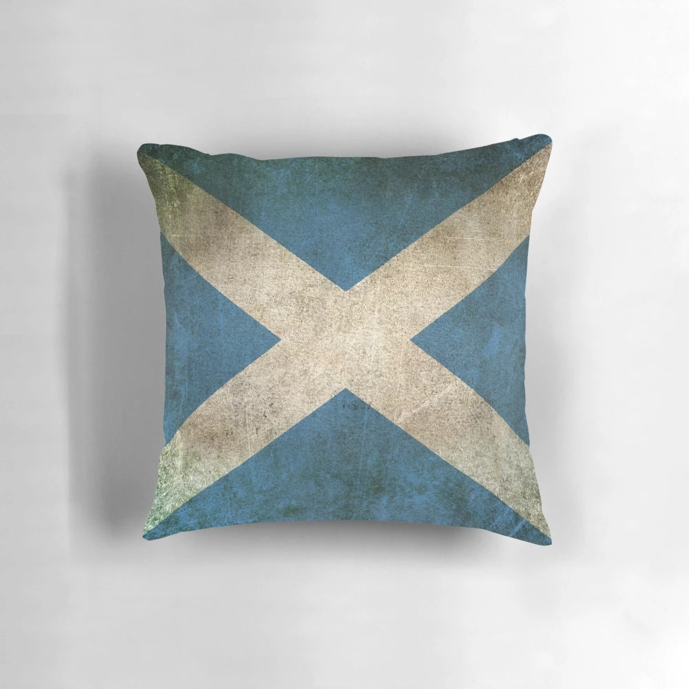 Vintage, distressed and grungy looking Scottish flag throw pillow