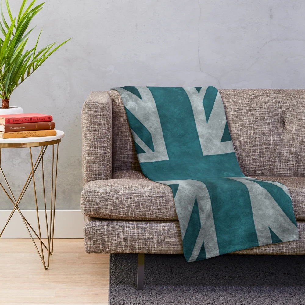 Teal plush blanket with distressed union jack design