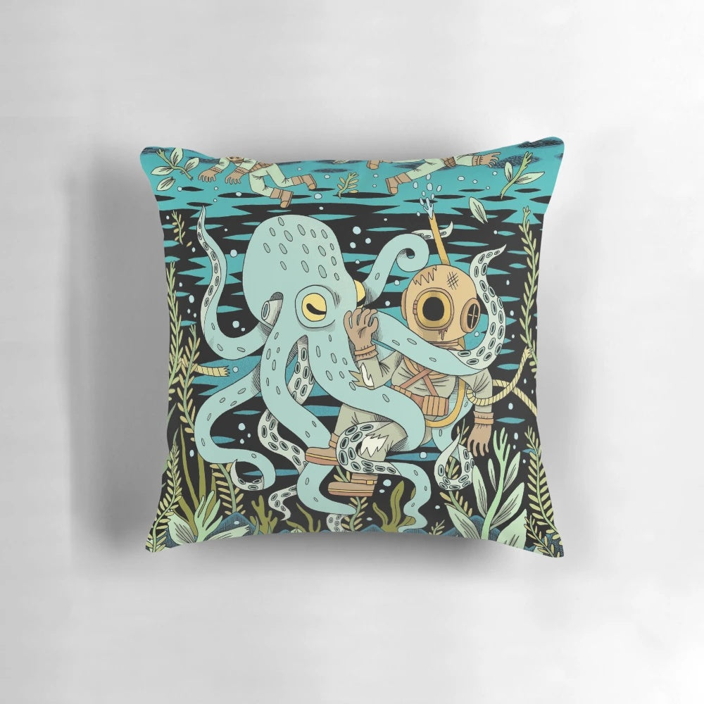 A plush pillow featuring a retro-style illustration of a diver exploring the underwater world, with an octopus and skull design.