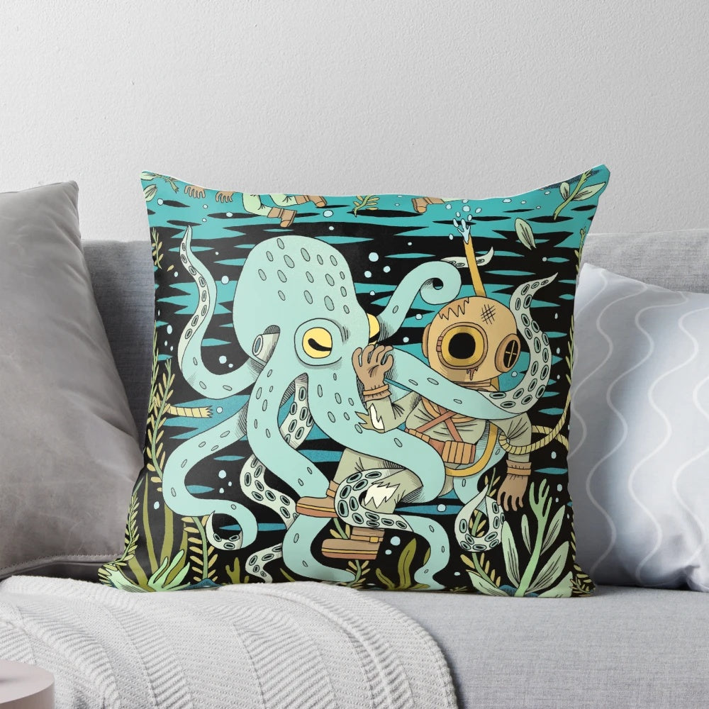A plush pillow featuring a retro-style illustration of a diver exploring the underwater world, with an octopus and skull design.