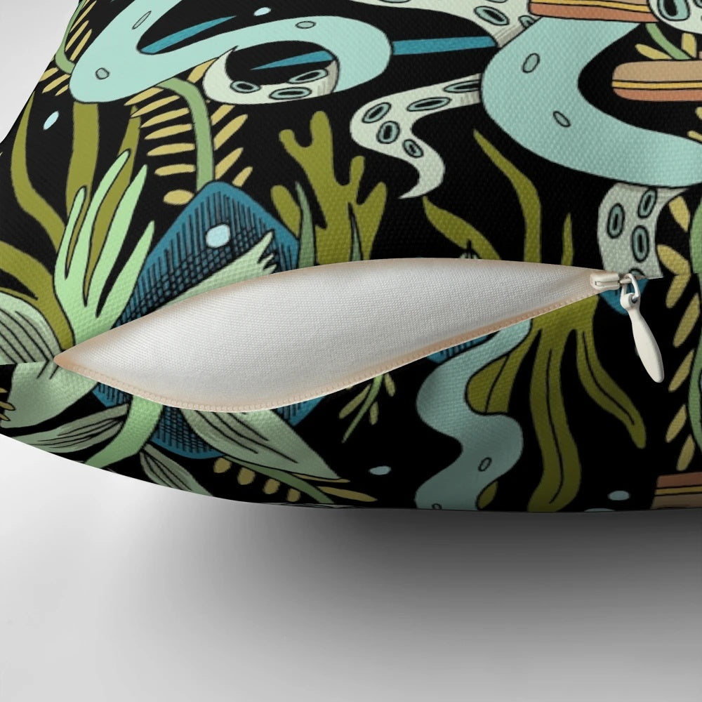 A plush pillow featuring a retro-style illustration of a diver exploring the underwater world, with an octopus and skull design.