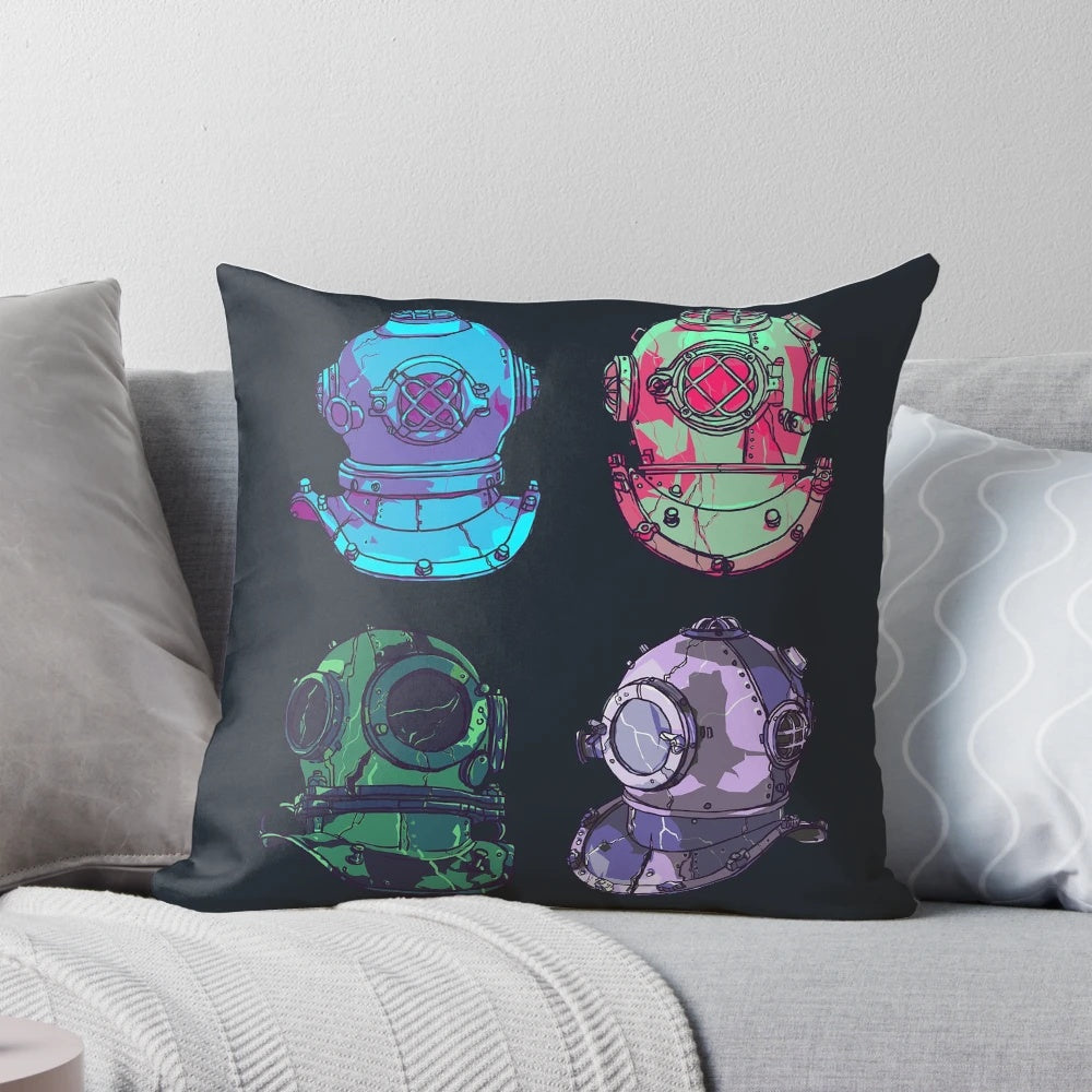 Vintage-style diving helmet pattern printed on a soft, plush throw pillow for underwater, deep sea, and nautical-themed home decor.