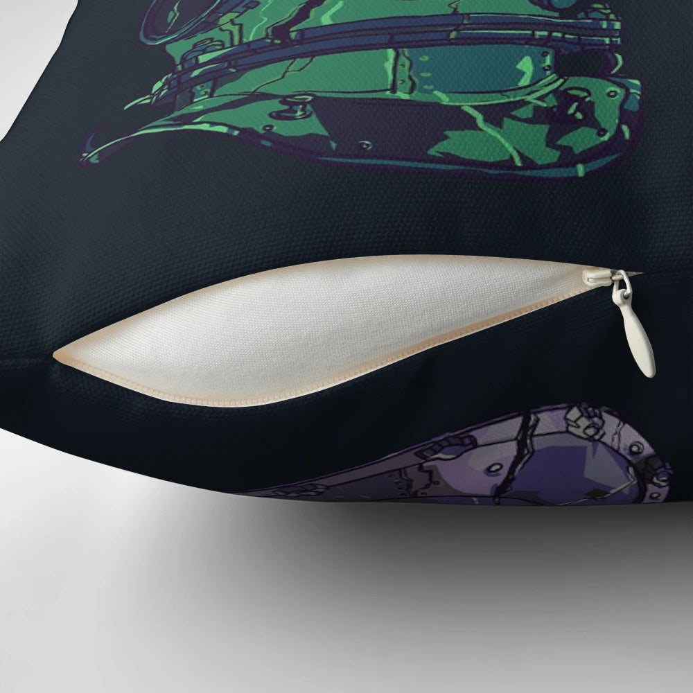 Vintage-style diving helmet pattern printed on a soft, plush throw pillow for underwater, deep sea, and nautical-themed home decor.