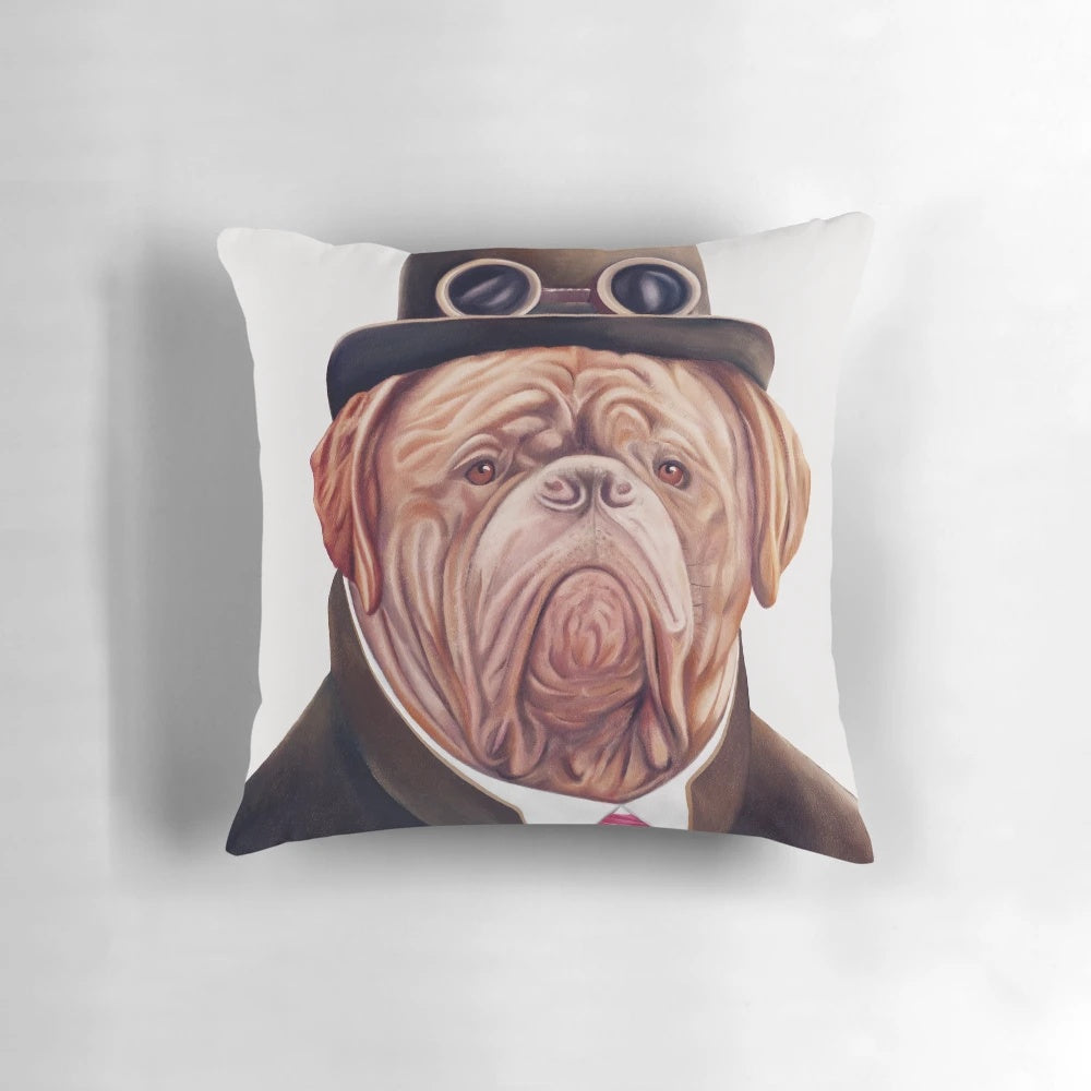 Decorative vintage-style dogue de bordeaux French mastiff dog pillow with steampunk design elements