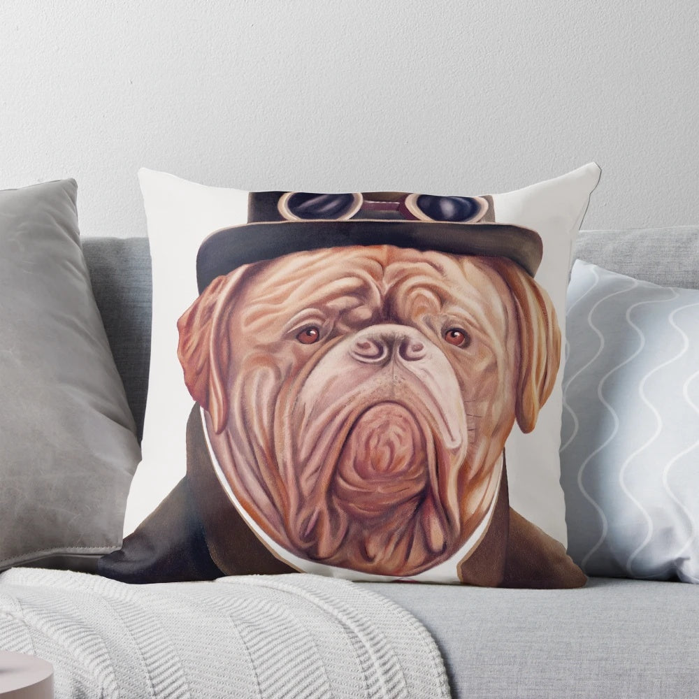 Decorative vintage-style dogue de bordeaux French mastiff dog pillow with steampunk design elements