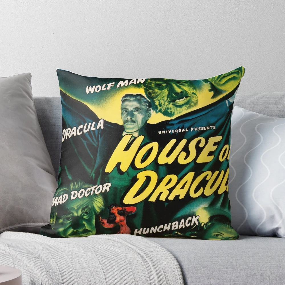Vintage horror movie Dracula 1945 film-inspired throw pillow
