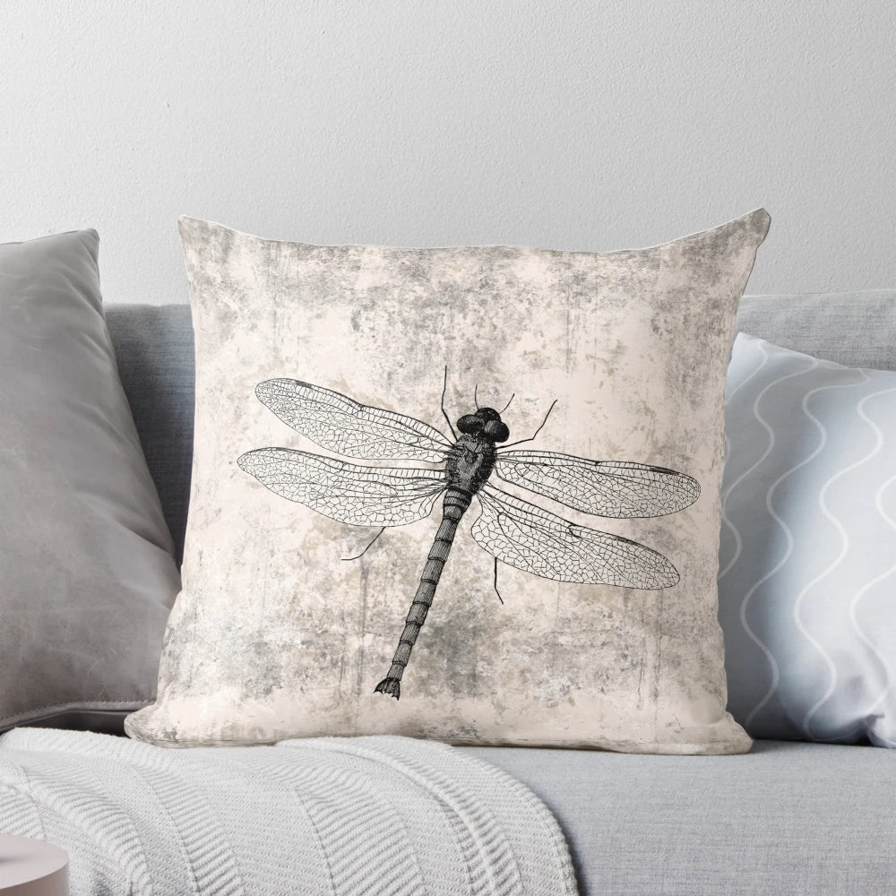 Vintage dragonfly decorative accent pillow with a unique grunge and modern design