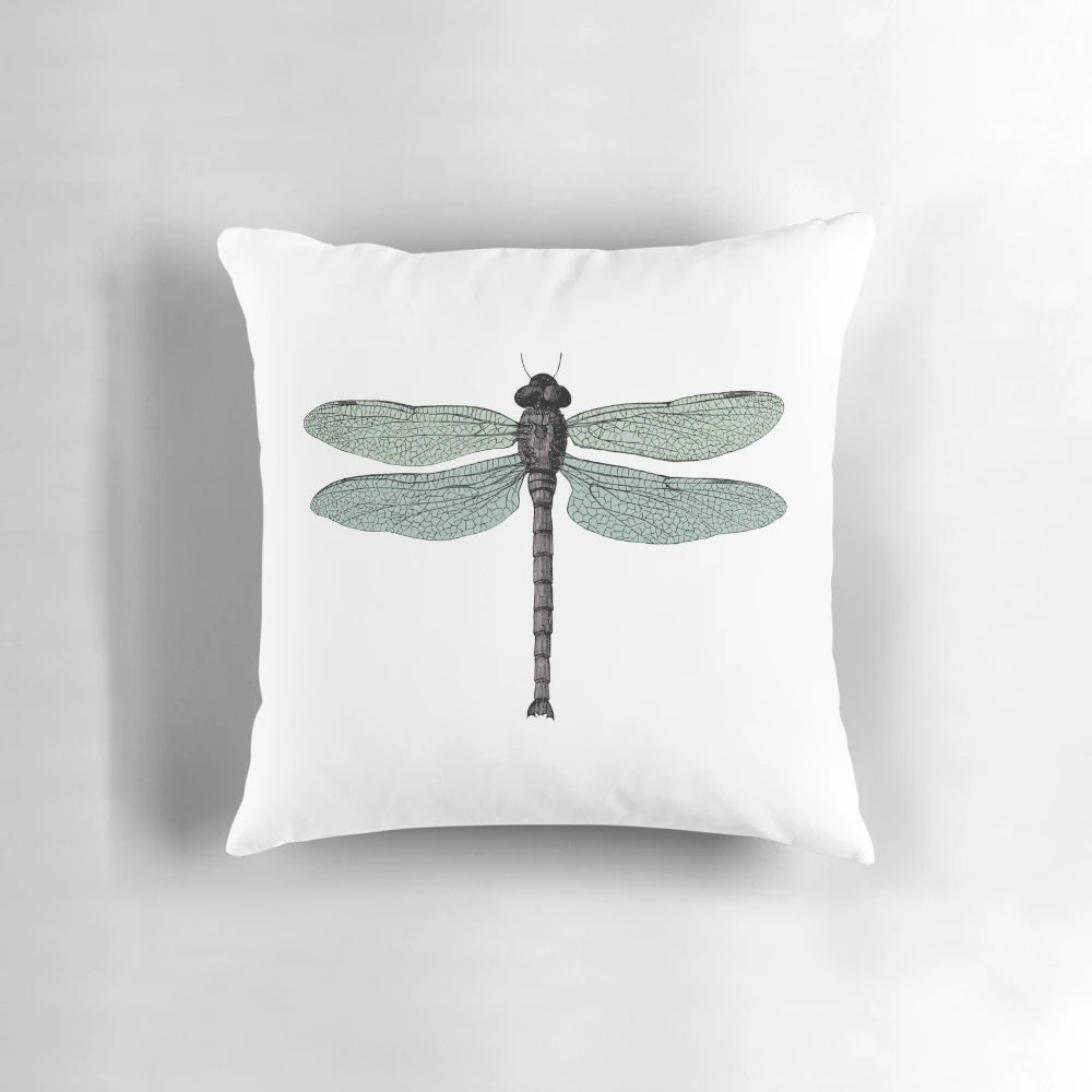 Vintage-inspired dragonfly typographic design on a throw pillow