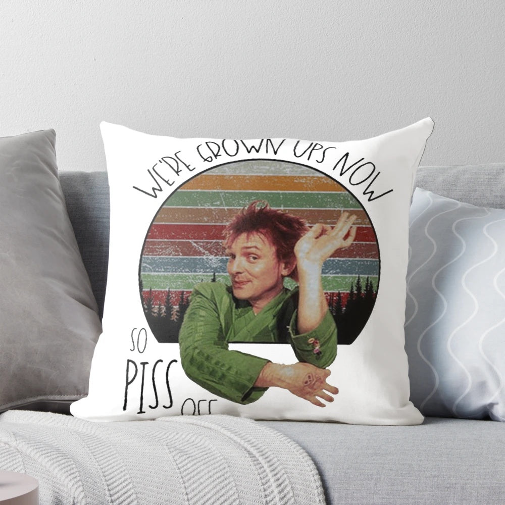 Vintage-style 'Drop Dead Fred' themed pillow with the text "We're Grown Ups Now So Piss Off