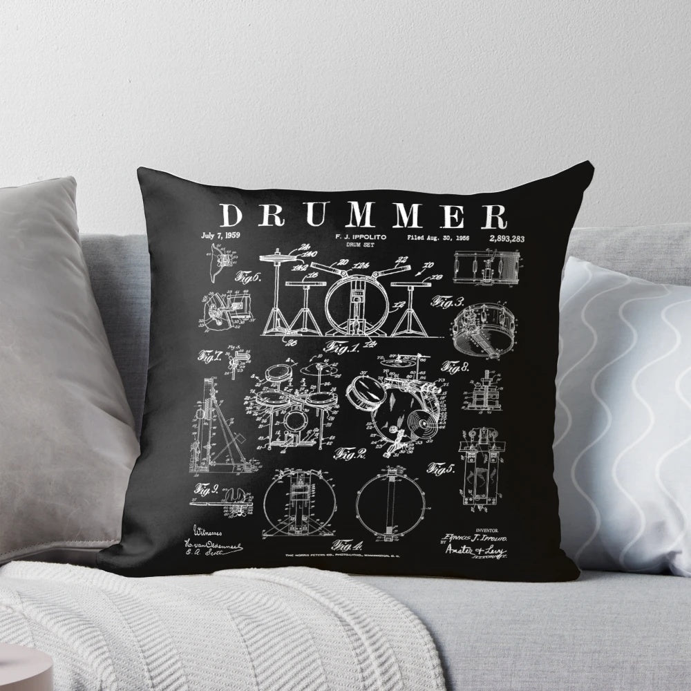 Vintage drum set kit patent drawing print pillow for drummer enthusiasts