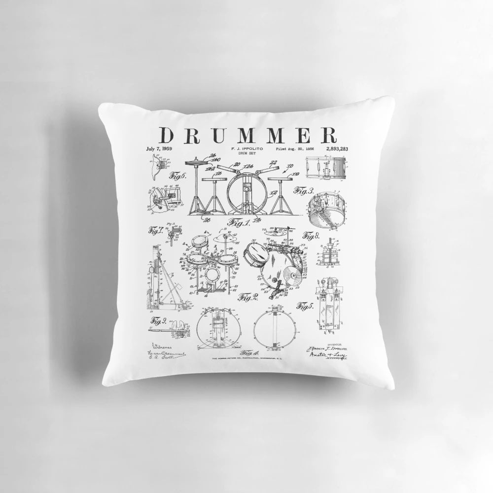 Vintage drum set patent drawing print on a decorative pillow