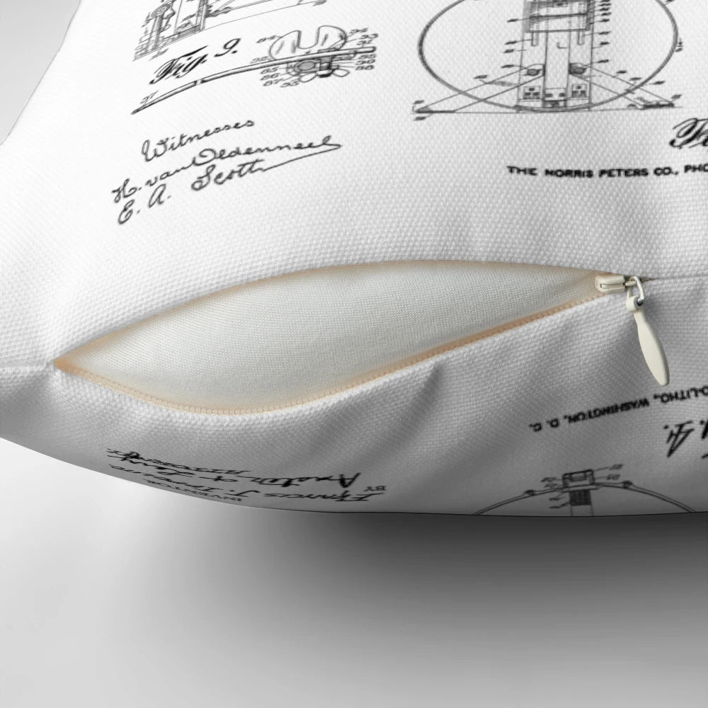 Vintage drum set patent drawing print on a decorative pillow