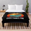 Vintage-style dumpster fire plush blanket with "It's Fine, I'm Fine, Everything's Fine" quote