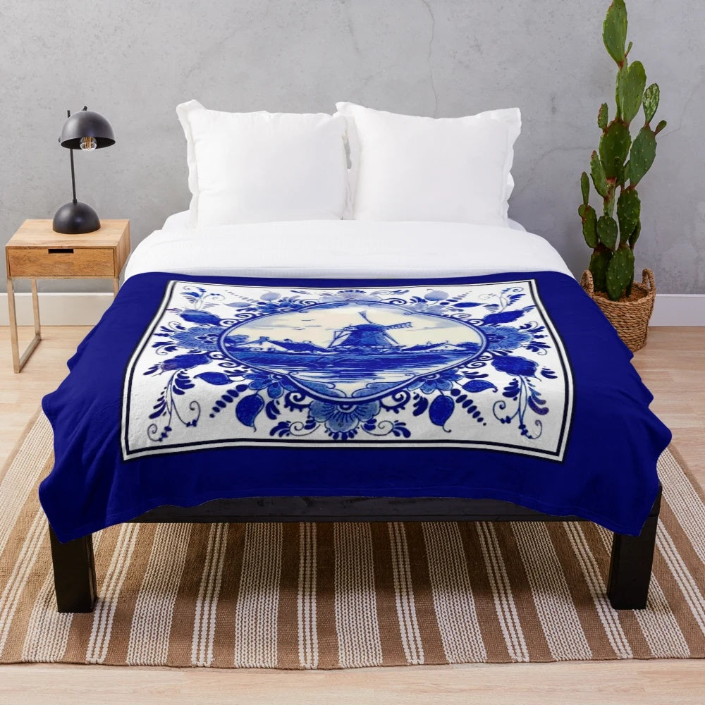 Vintage Dutch Blue Delft Plush Blanket featuring a windmill on a river print