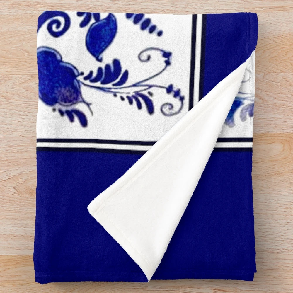 Vintage Dutch Blue Delft Plush Blanket featuring a windmill on a river print