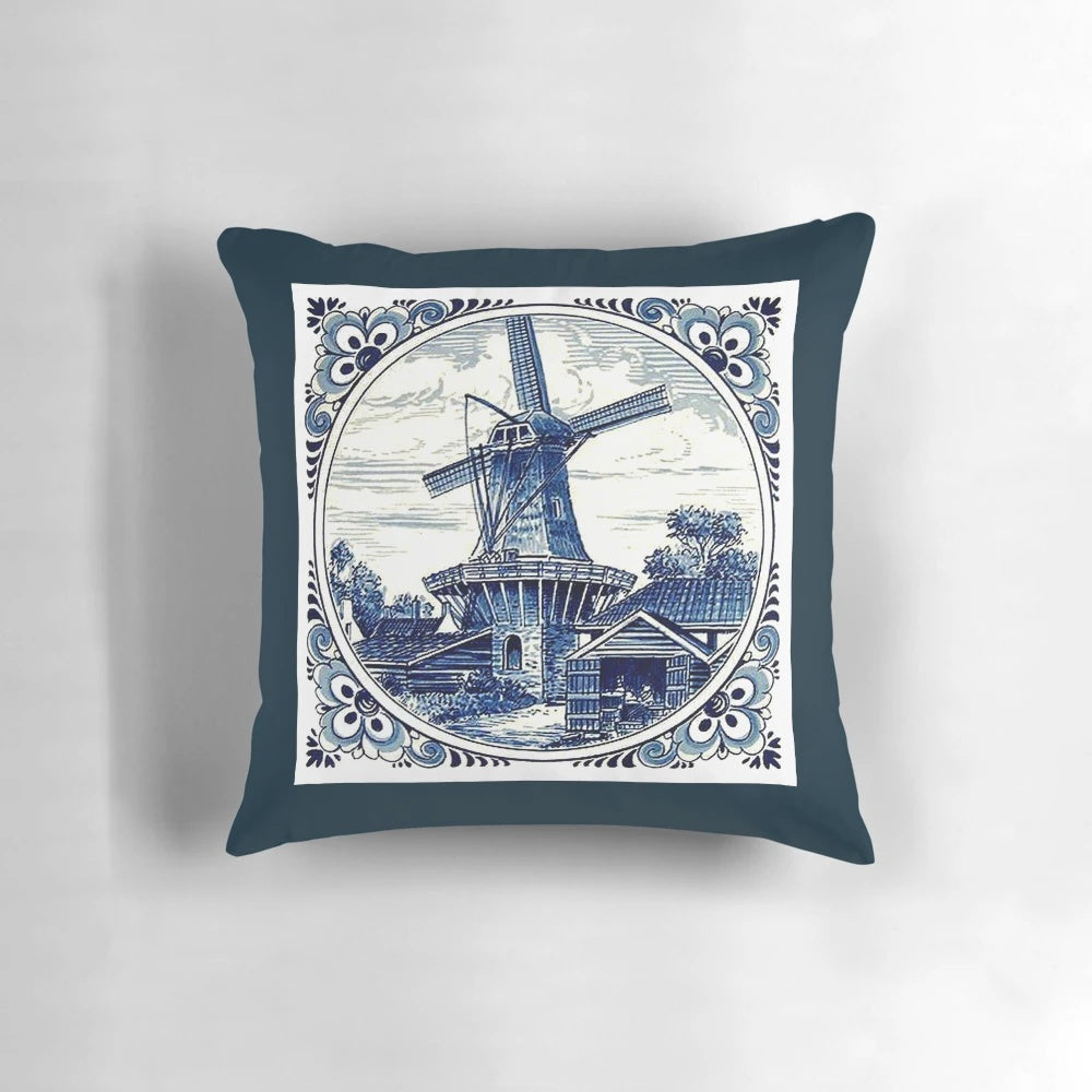 Vintage Dutch Delft Blue Windmill Print Pillow, perfect for home decor