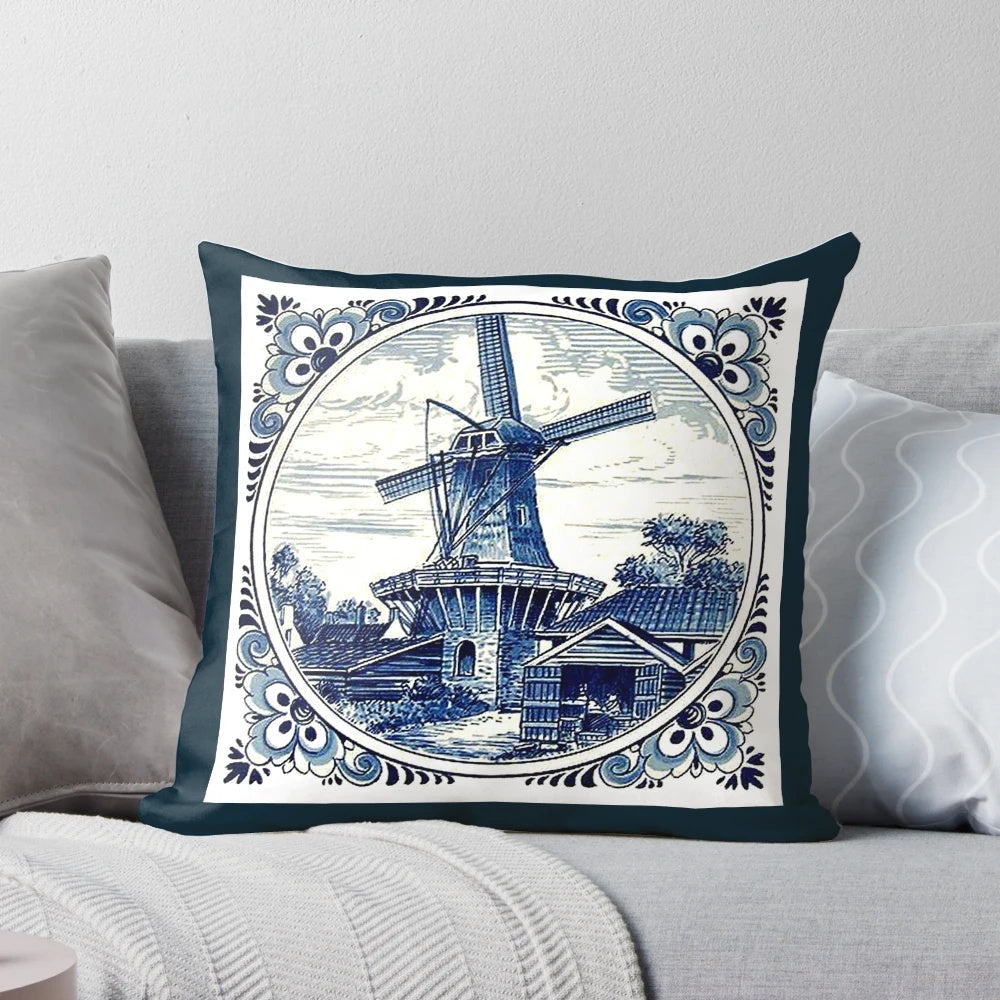 Vintage Dutch Delft Blue Windmill Print Pillow, perfect for home decor
