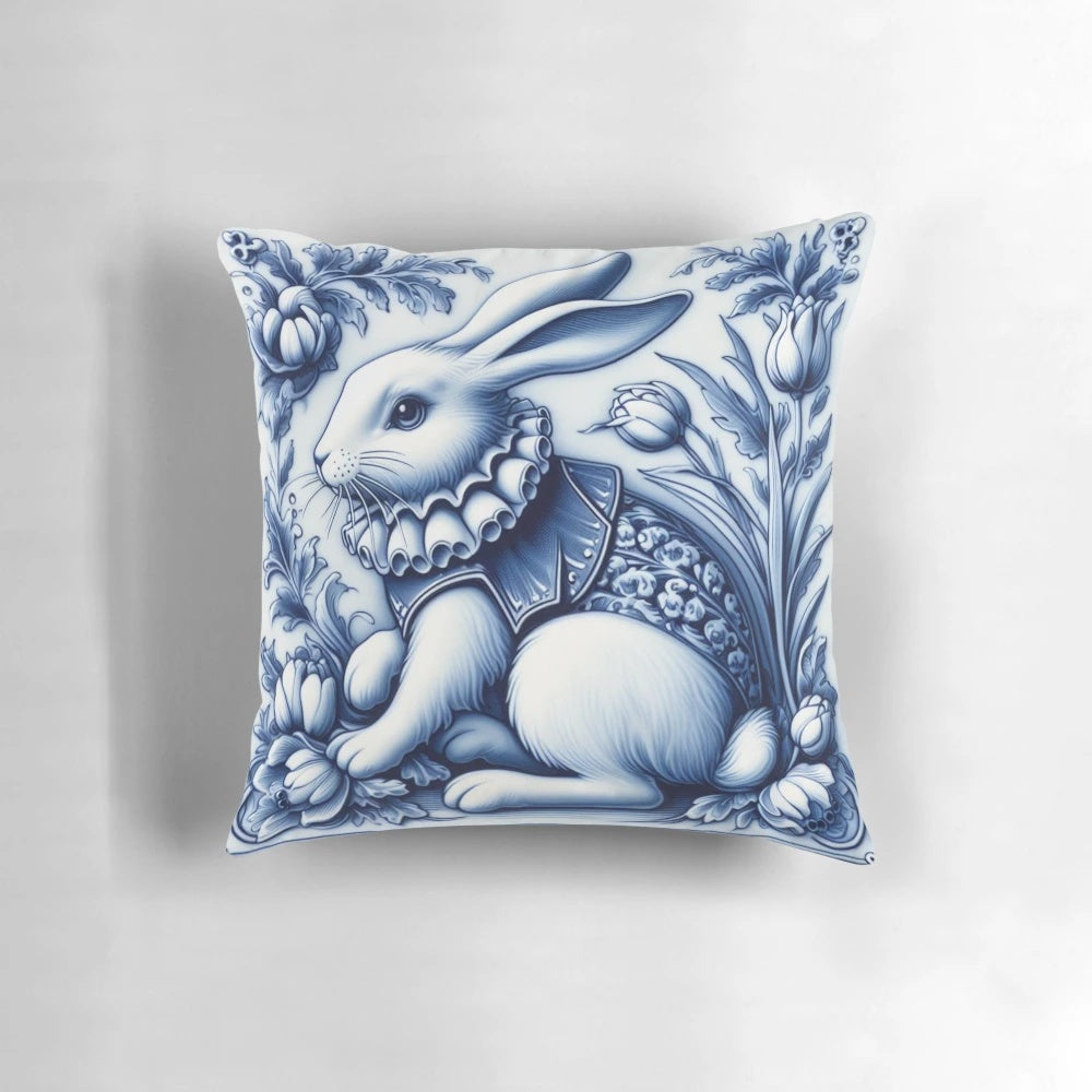 Vintage Dutch Tile Rabbit Decorative Throw Pillow with Classic Blue and White Ceramic Tile Pattern