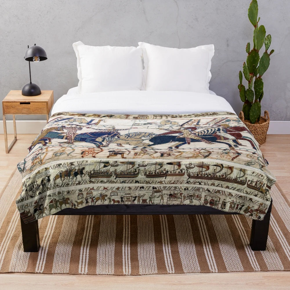 Plush blanket depicting the Battle of Hastings with medieval knights on horseback
