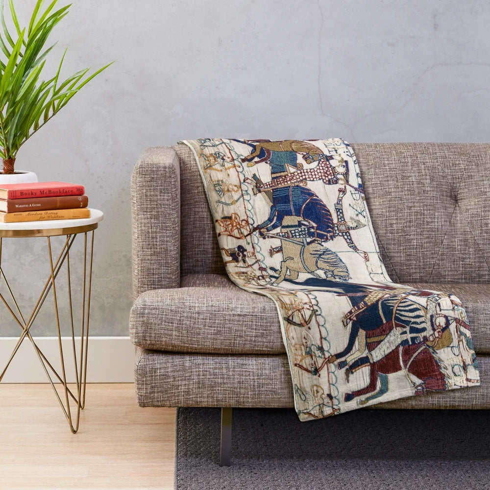 Plush blanket depicting the Battle of Hastings with medieval knights on horseback