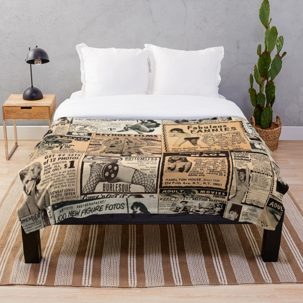 Vintage erotic plush blanket featuring retro risque pulp magazine inspired design