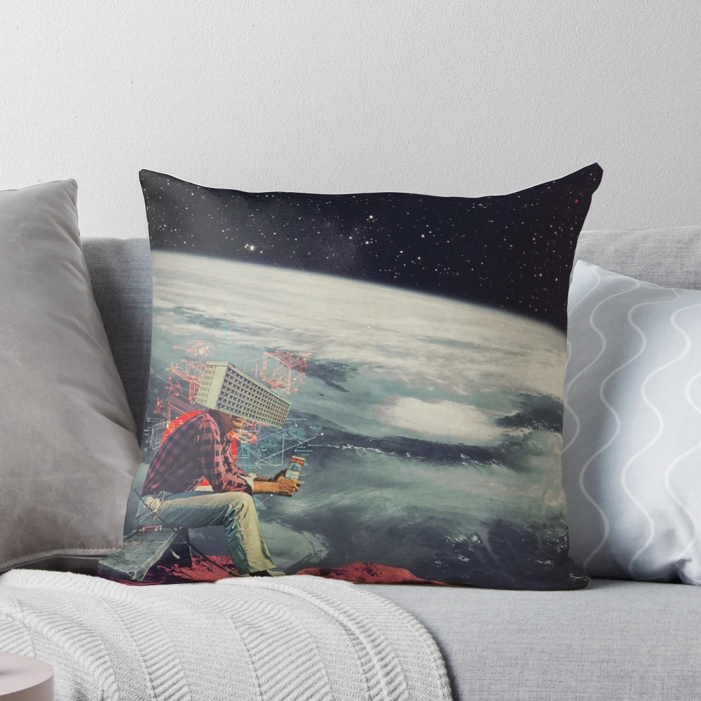 Vintage collage art featuring a surreal retrofuture architectural escape scene printed on a pillow.