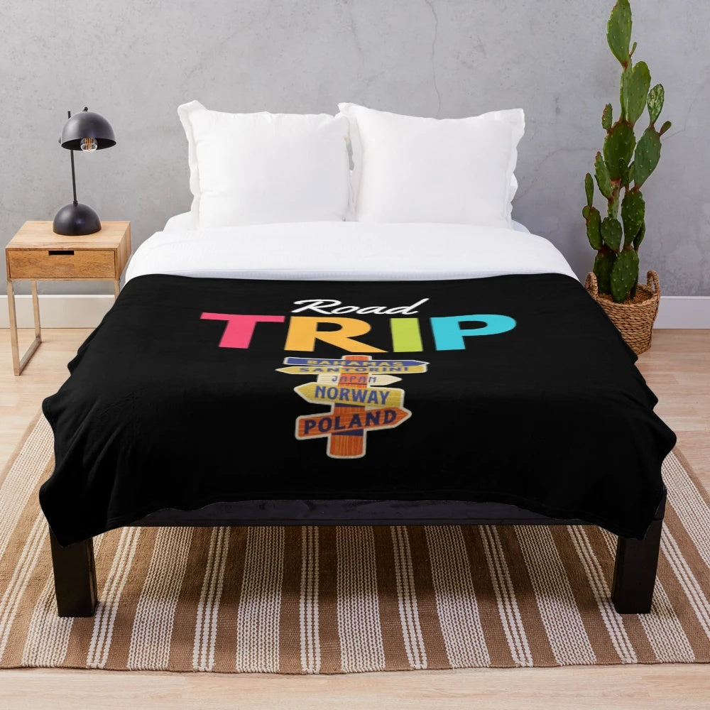 Vintage European travel-themed plush blanket with mountains and directions