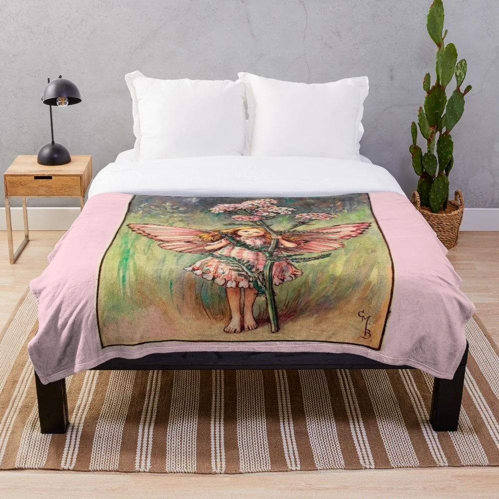 Vintage illustration of The Yarrow Fairy on a plush, cozy blanket