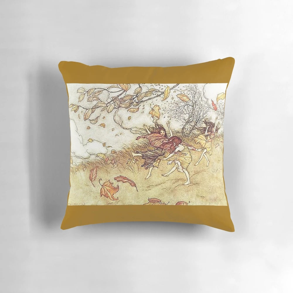 Vintage Arthur Rackham fairy tale illustration of fairies in an autumn setting, featured on a decorative throw pillow.