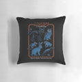 Vintage-inspired familiar pillow featuring a whimsical design with a black cat, owl, and other mystical elements.