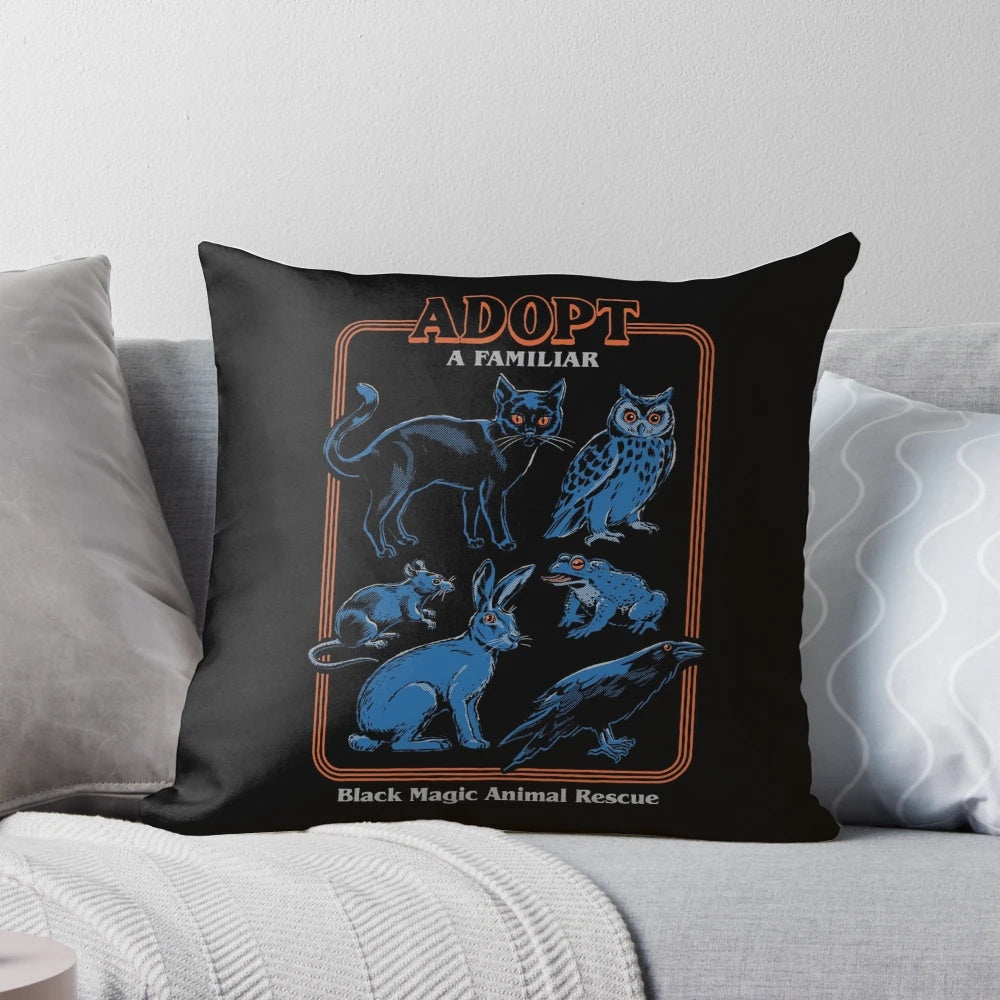 Vintage-inspired familiar pillow featuring a whimsical design with a black cat, owl, and other mystical elements.