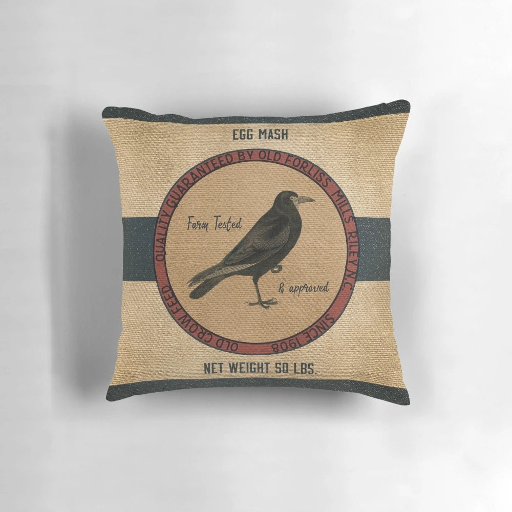 Vintage feed sack pillow with old crow and farmhouse-inspired design