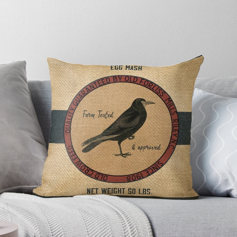 Vintage feed sack pillow with old crow and farmhouse-inspired design