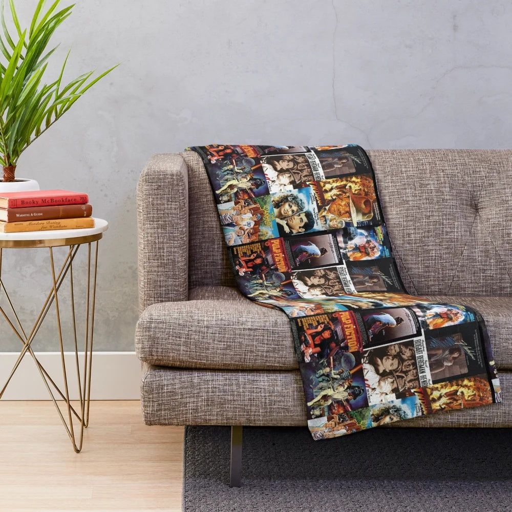 Vintage film-themed plush blanket featuring a collage of classic movie icons