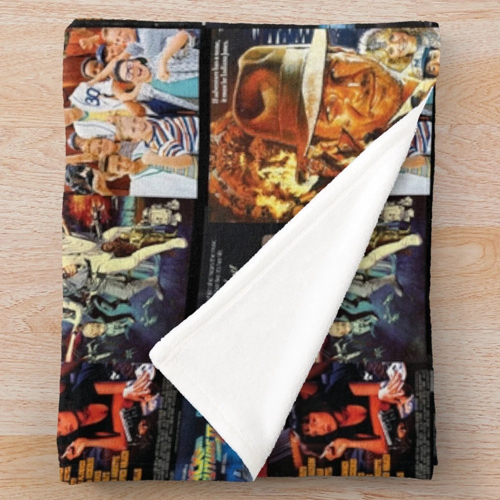 Vintage film-themed plush blanket featuring a collage of classic movie icons