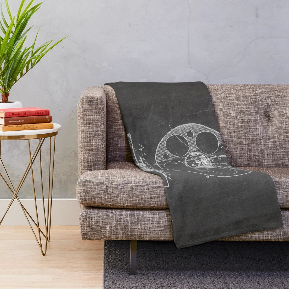 Vintage film reel inspired plush blanket with classic cinema black and white art