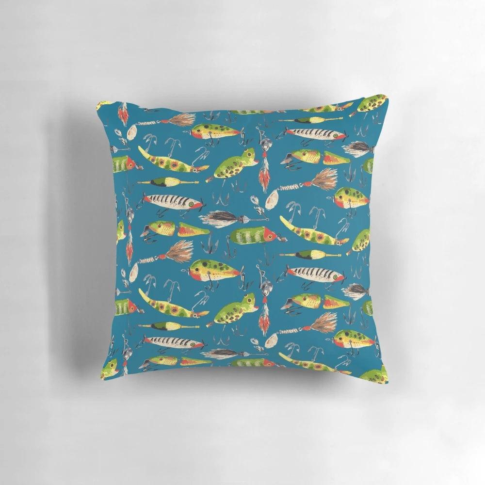 Vintage fishing lures printed on a cozy throw pillow, perfect for sports fans and nature lovers.
