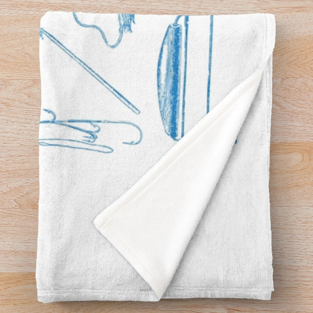 Vintage-style plush blanket with fishing-themed design