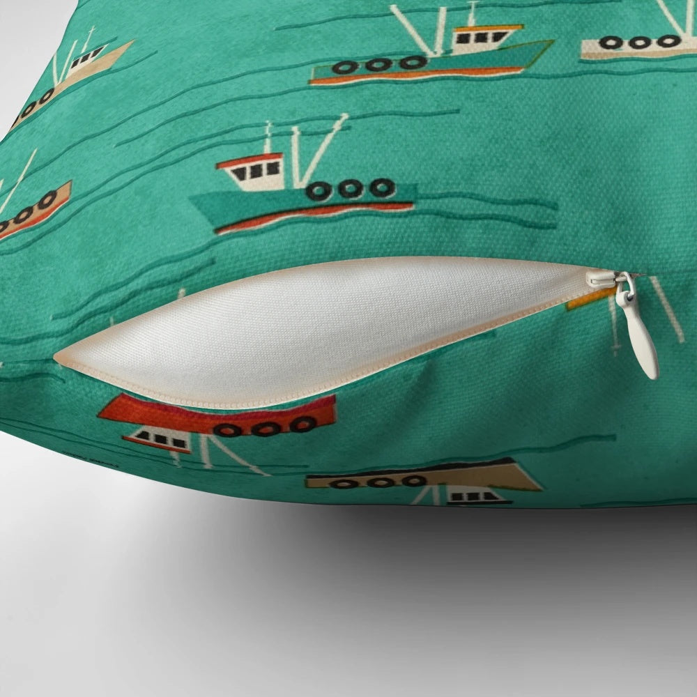 Vintage-style pillow with a textured image of fishing trawlers on the River Thames Estuary in Essex, England.